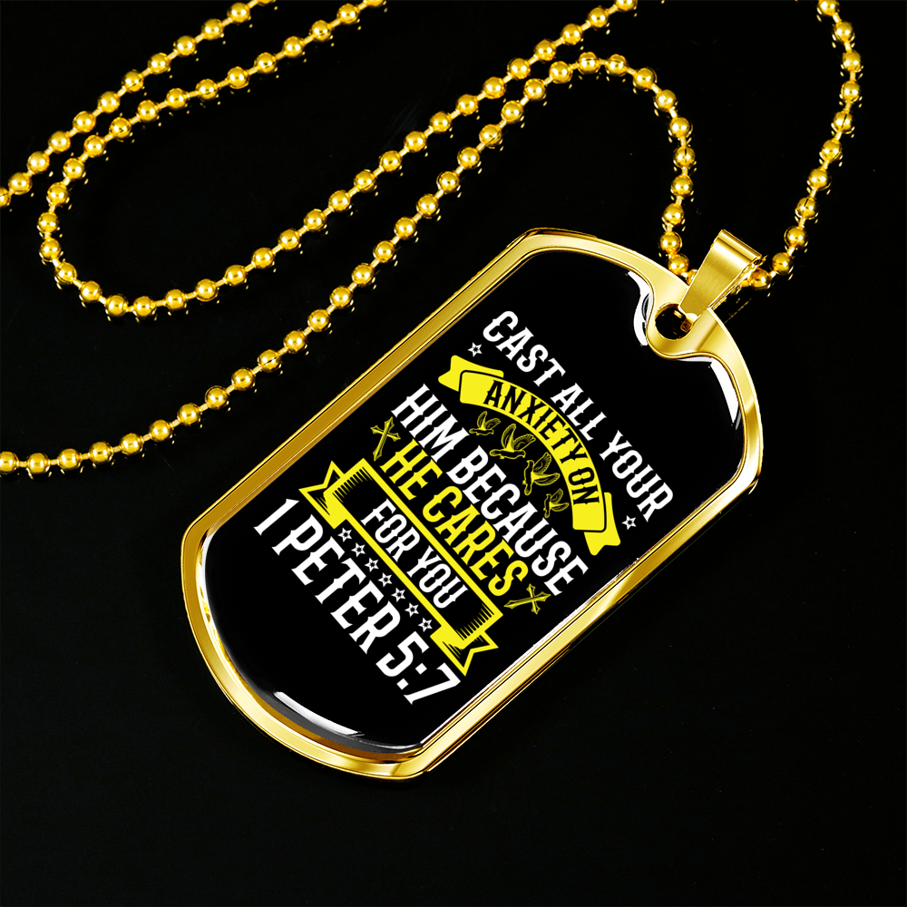 He Cares For You 1 Peter 5:7 Necklace Stainless Steel or 18k Gold Dog Tag 24" Chain-Express Your Love Gifts