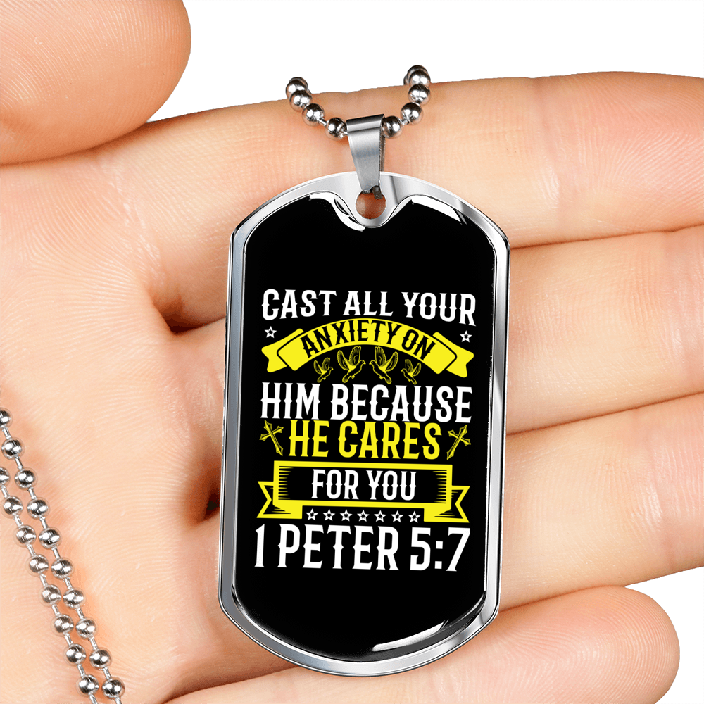 He Cares For You 1 Peter 5:7 Necklace Stainless Steel or 18k Gold Dog Tag 24" Chain-Express Your Love Gifts