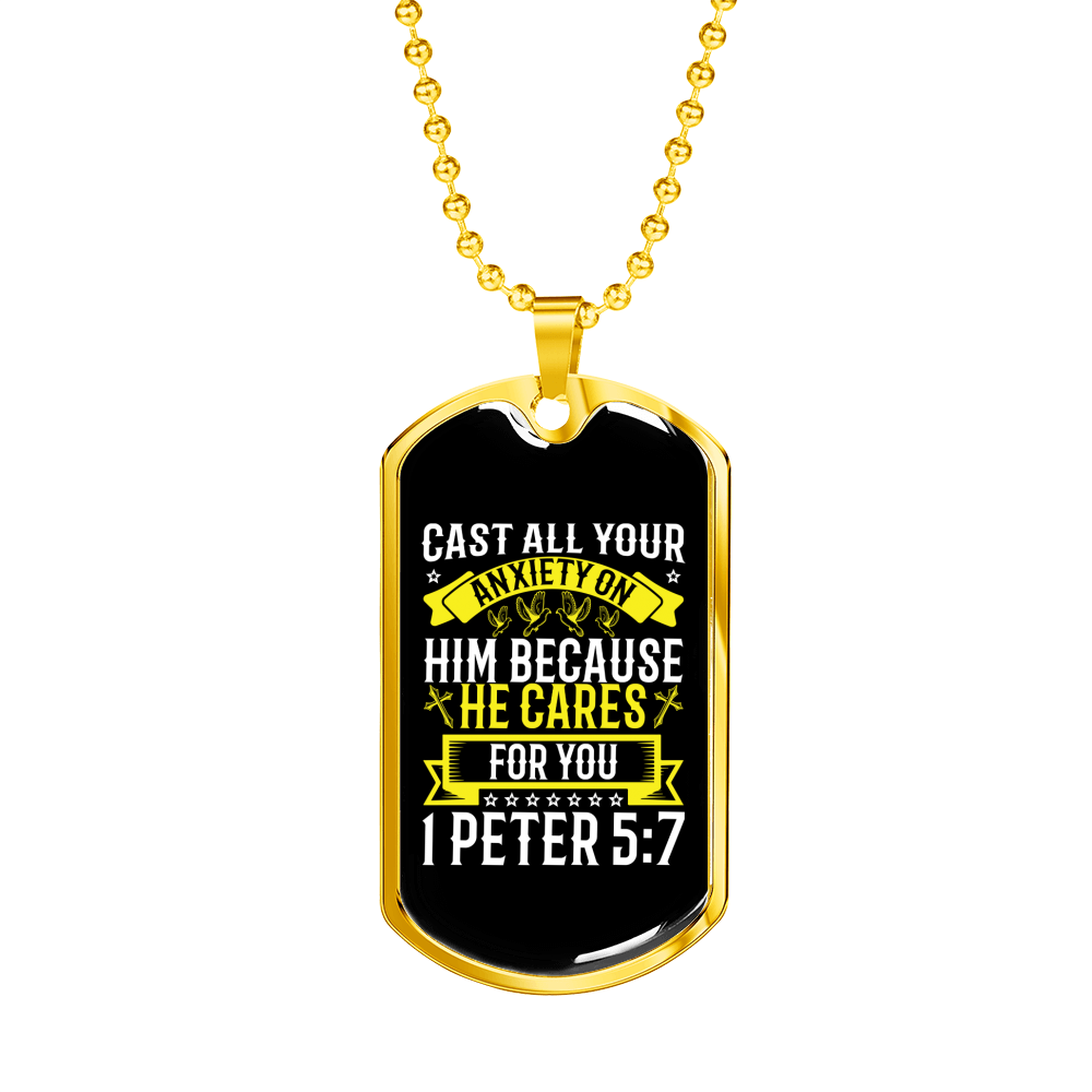 He Cares For You 1 Peter 5:7 Necklace Stainless Steel or 18k Gold Dog Tag 24" Chain-Express Your Love Gifts