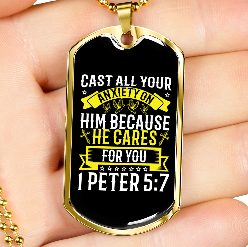 He Cares For You 1 Peter 5:7 Necklace Stainless Steel or 18k Gold Dog Tag 24" Chain-Express Your Love Gifts