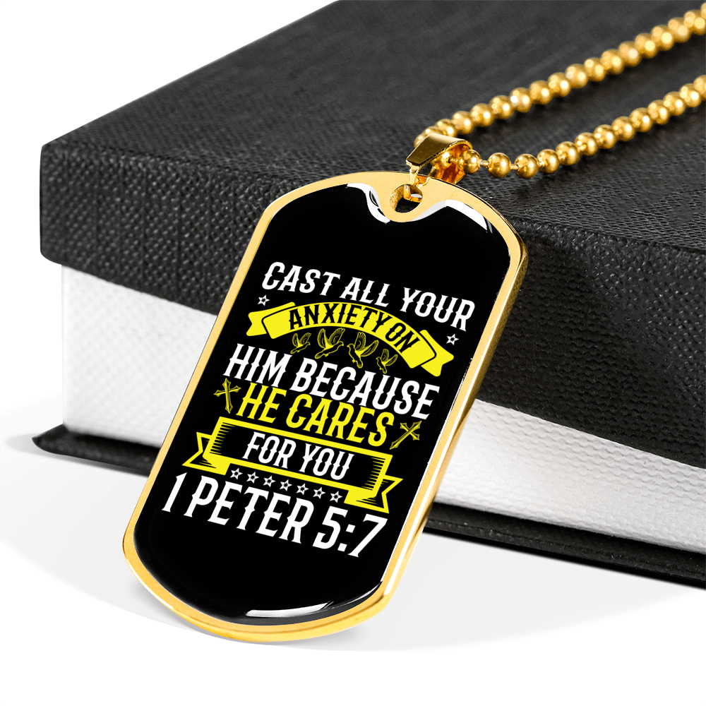He Cares For You 1 Peter 5:7 Necklace Stainless Steel or 18k Gold Dog Tag 24" Chain-Express Your Love Gifts