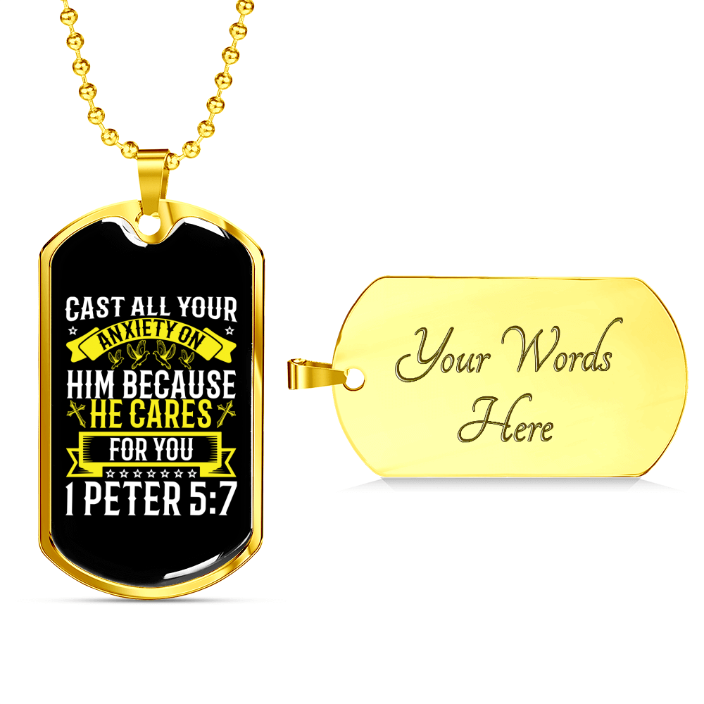 He Cares For You 1 Peter 5:7 Necklace Stainless Steel or 18k Gold Dog Tag 24" Chain-Express Your Love Gifts