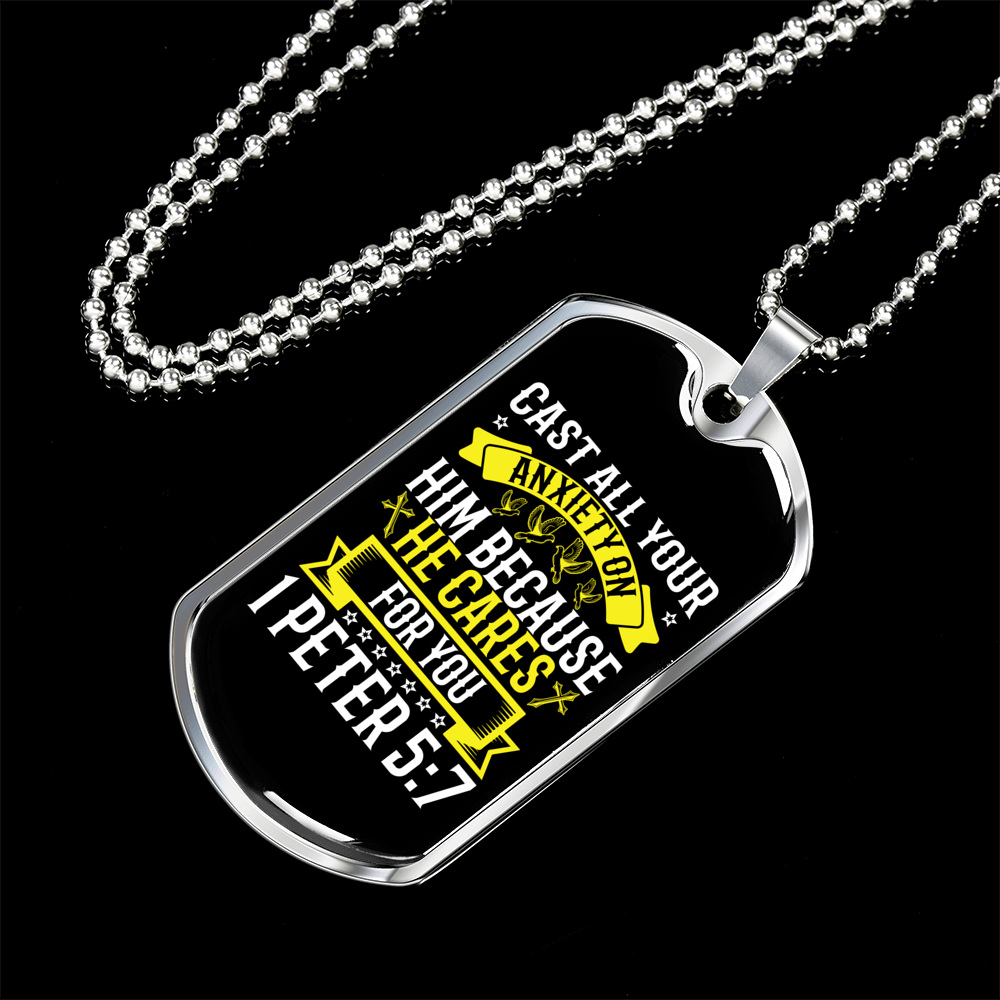 He Cares For You 1 Peter 5:7 Necklace Stainless Steel or 18k Gold Dog Tag 24" Chain-Express Your Love Gifts