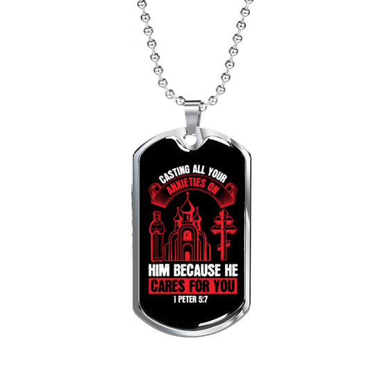He Cares For You 1 Peter 5:7 Necklace Stainless Steel or 18k Gold Dog Tag 24-Express Your Love Gifts