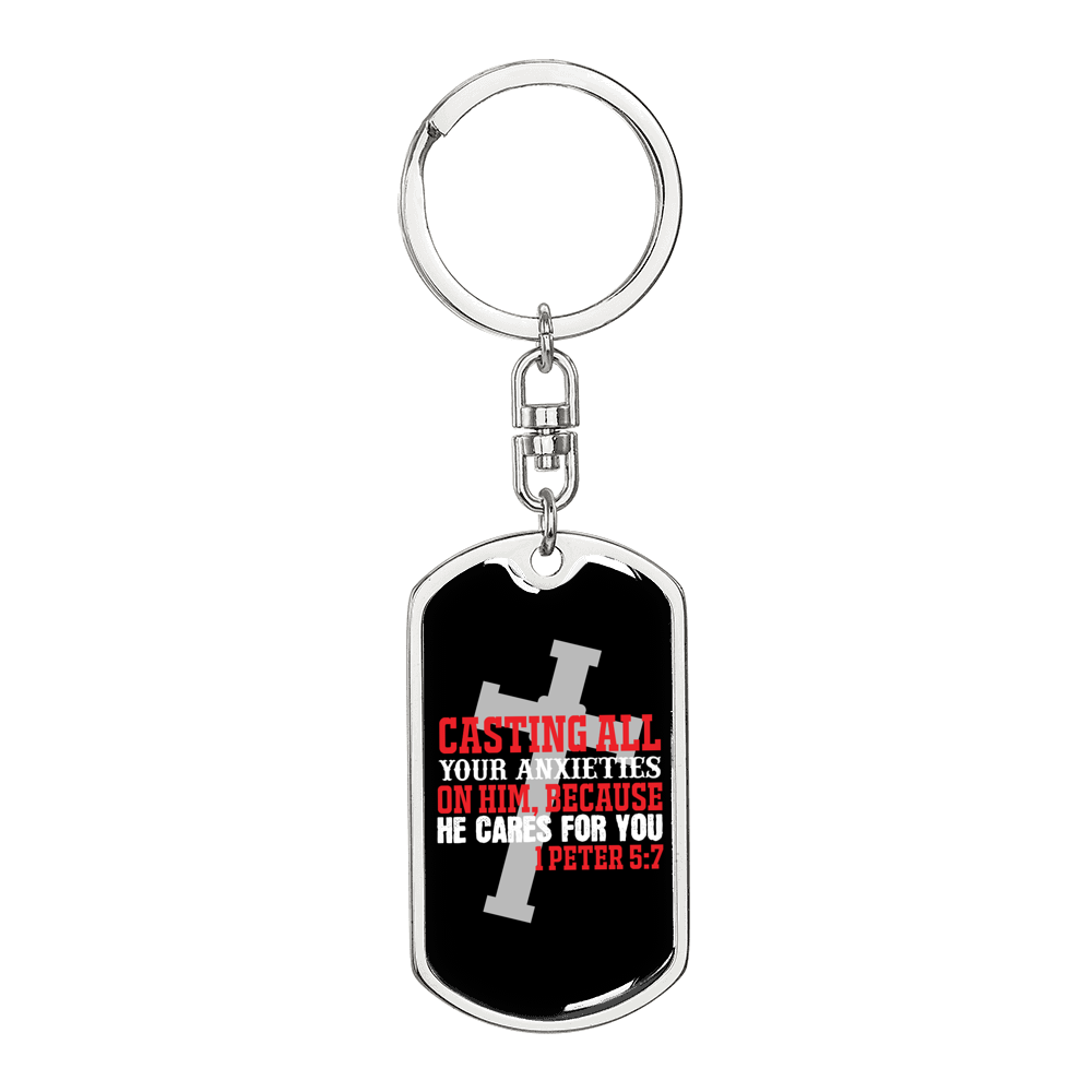 He Cares For You Cross 1 Peter 5:7 Keychain Stainless Steel or 18k Gold Dog Tag Keyring-Express Your Love Gifts