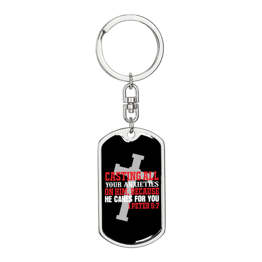 He Cares For You Cross 1 Peter 5:7 Keychain Stainless Steel or 18k Gold Dog Tag Keyring-Express Your Love Gifts