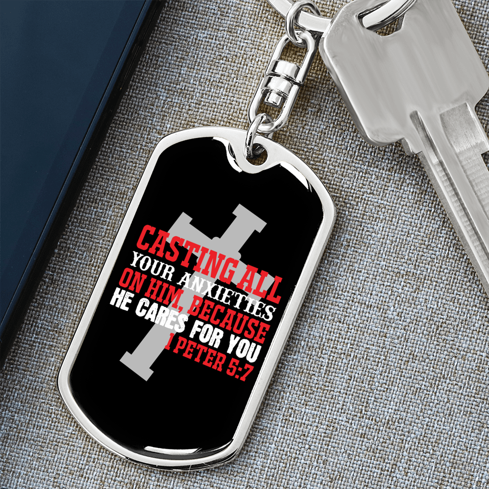 He Cares For You Cross 1 Peter 5:7 Keychain Stainless Steel or 18k Gold Dog Tag Keyring-Express Your Love Gifts