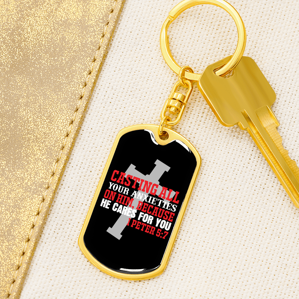 He Cares For You Cross 1 Peter 5:7 Keychain Stainless Steel or 18k Gold Dog Tag Keyring-Express Your Love Gifts