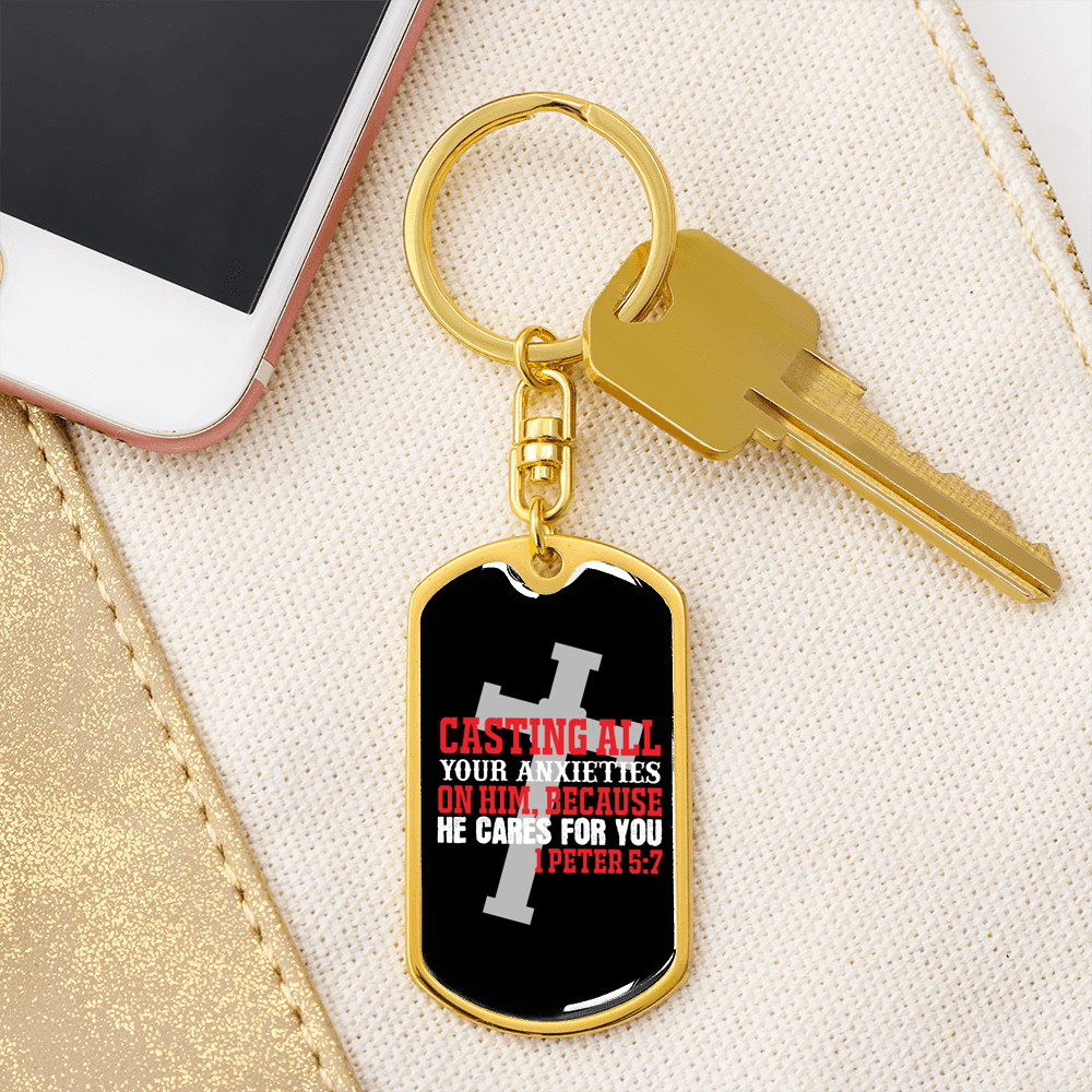 He Cares For You Cross 1 Peter 5:7 Keychain Stainless Steel or 18k Gold Dog Tag Keyring-Express Your Love Gifts