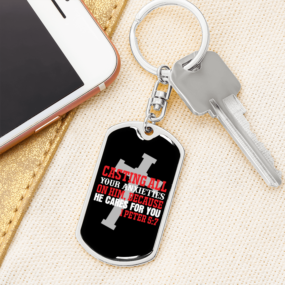 He Cares For You Cross 1 Peter 5:7 Keychain Stainless Steel or 18k Gold Dog Tag Keyring-Express Your Love Gifts