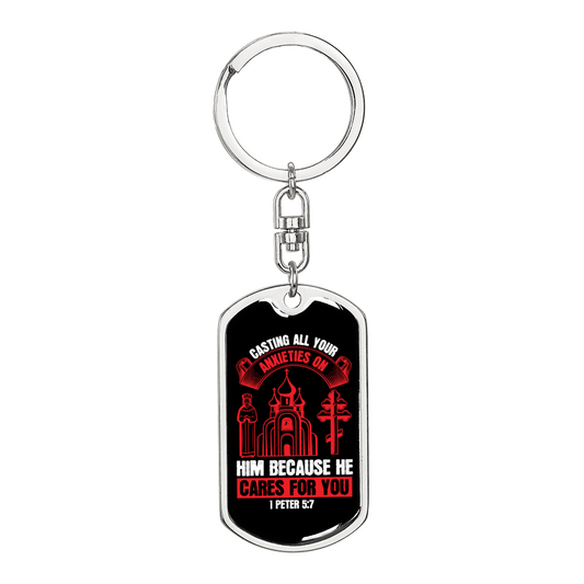 He Cares For You Red 1 Peter 5:7 Keychain Stainless Steel or 18k Gold Dog Tag Keyring-Express Your Love Gifts