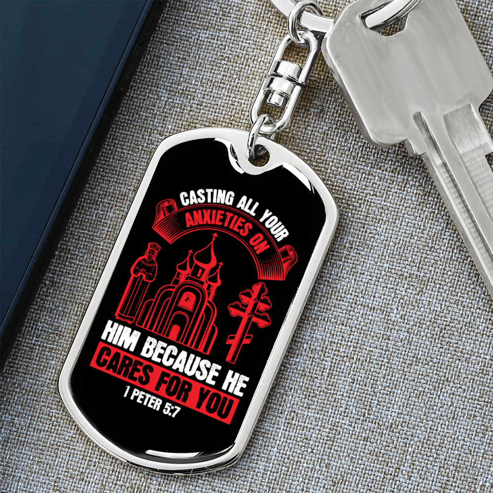 He Cares For You Red 1 Peter 5:7 Keychain Stainless Steel or 18k Gold Dog Tag Keyring-Express Your Love Gifts