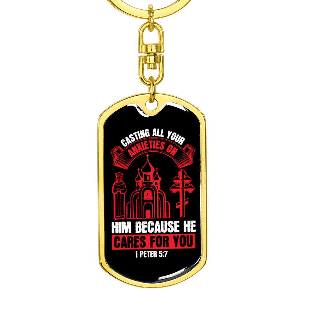 He Cares For You Red 1 Peter 5:7 Keychain Stainless Steel or 18k Gold Dog Tag Keyring-Express Your Love Gifts
