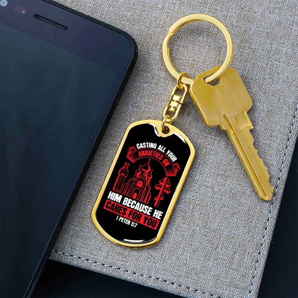 He Cares For You Red 1 Peter 5:7 Keychain Stainless Steel or 18k Gold Dog Tag Keyring-Express Your Love Gifts