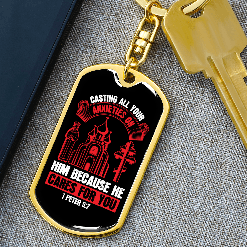 He Cares For You Red 1 Peter 5:7 Keychain Stainless Steel or 18k Gold Dog Tag Keyring-Express Your Love Gifts