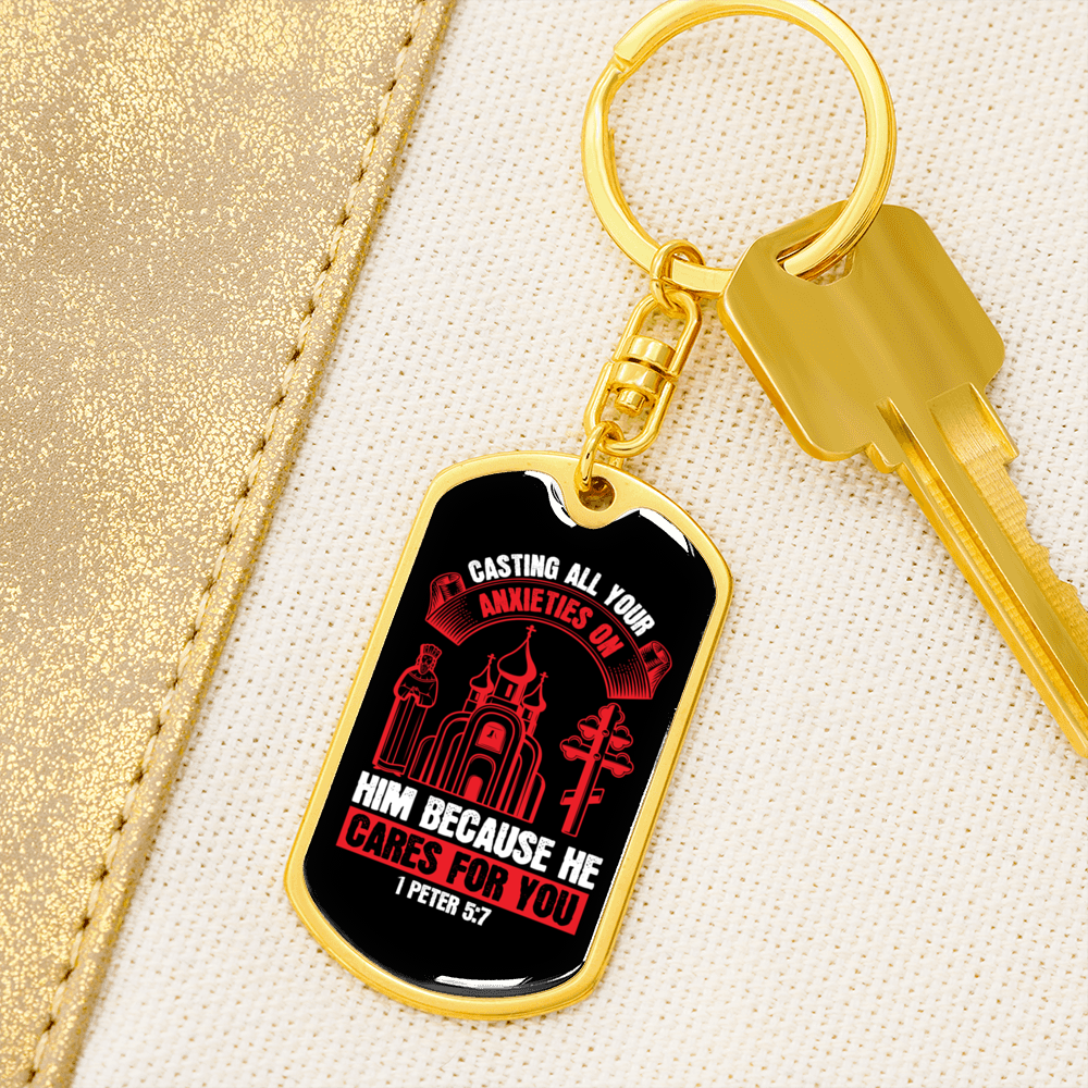He Cares For You Red 1 Peter 5:7 Keychain Stainless Steel or 18k Gold Dog Tag Keyring-Express Your Love Gifts