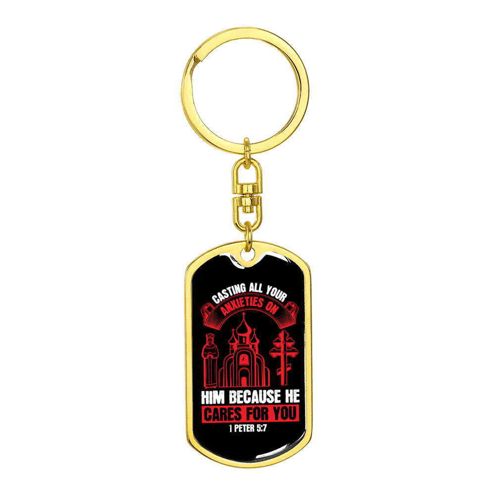 He Cares For You Red 1 Peter 5:7 Stainless Steel or 18k Gold Premium Swivel Dog Tag Keychain