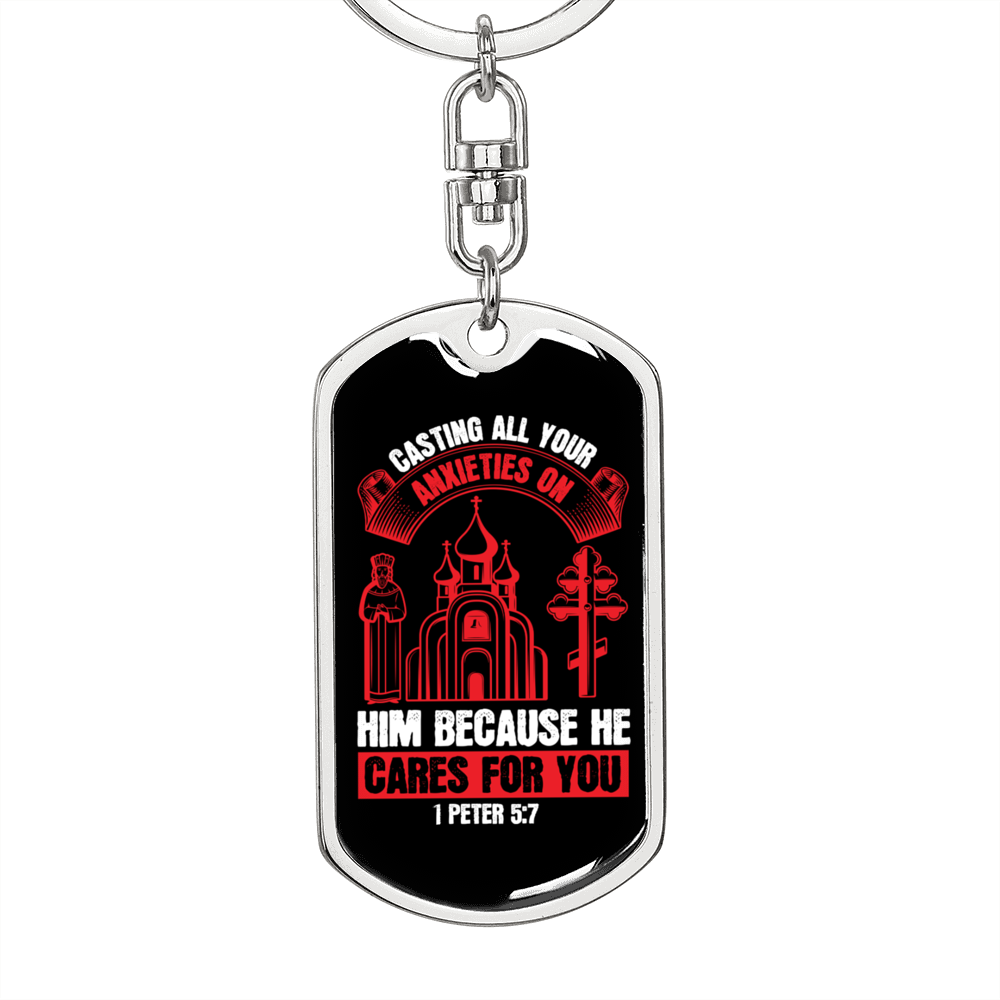 He Cares For You Red 1 Peter 5:7 Keychain Stainless Steel or 18k Gold Dog Tag Keyring-Express Your Love Gifts