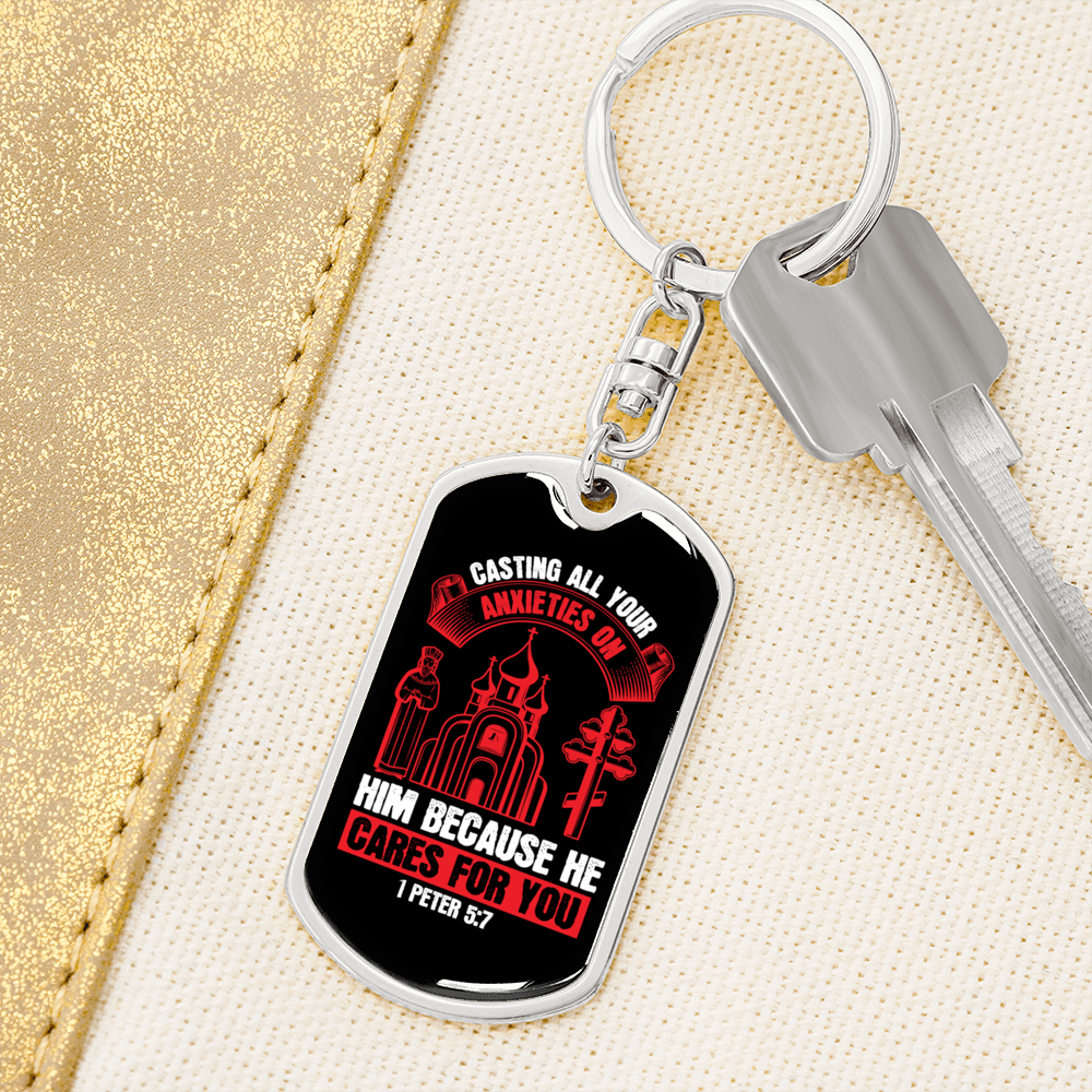 He Cares For You Red 1 Peter 5:7 Keychain Stainless Steel or 18k Gold Dog Tag Keyring-Express Your Love Gifts