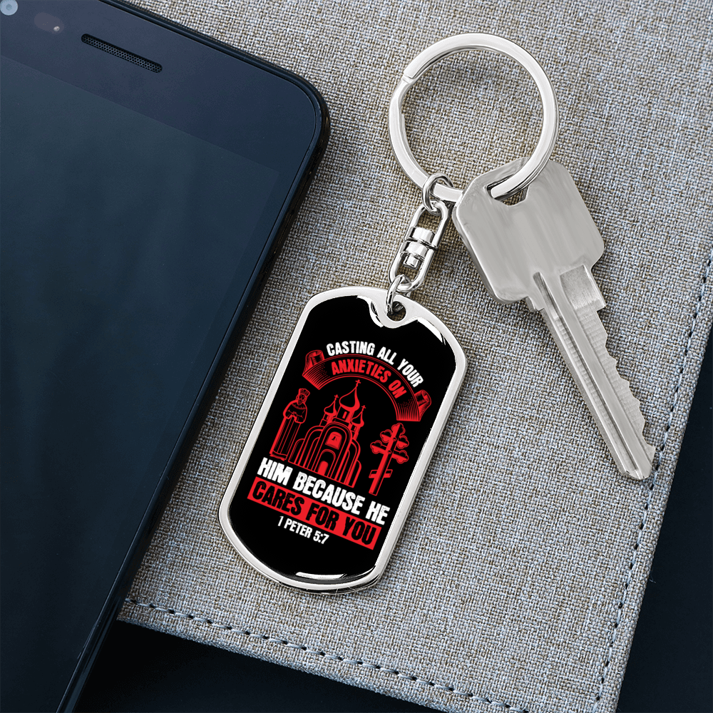 He Cares For You Red 1 Peter 5:7 Keychain Stainless Steel or 18k Gold Dog Tag Keyring-Express Your Love Gifts