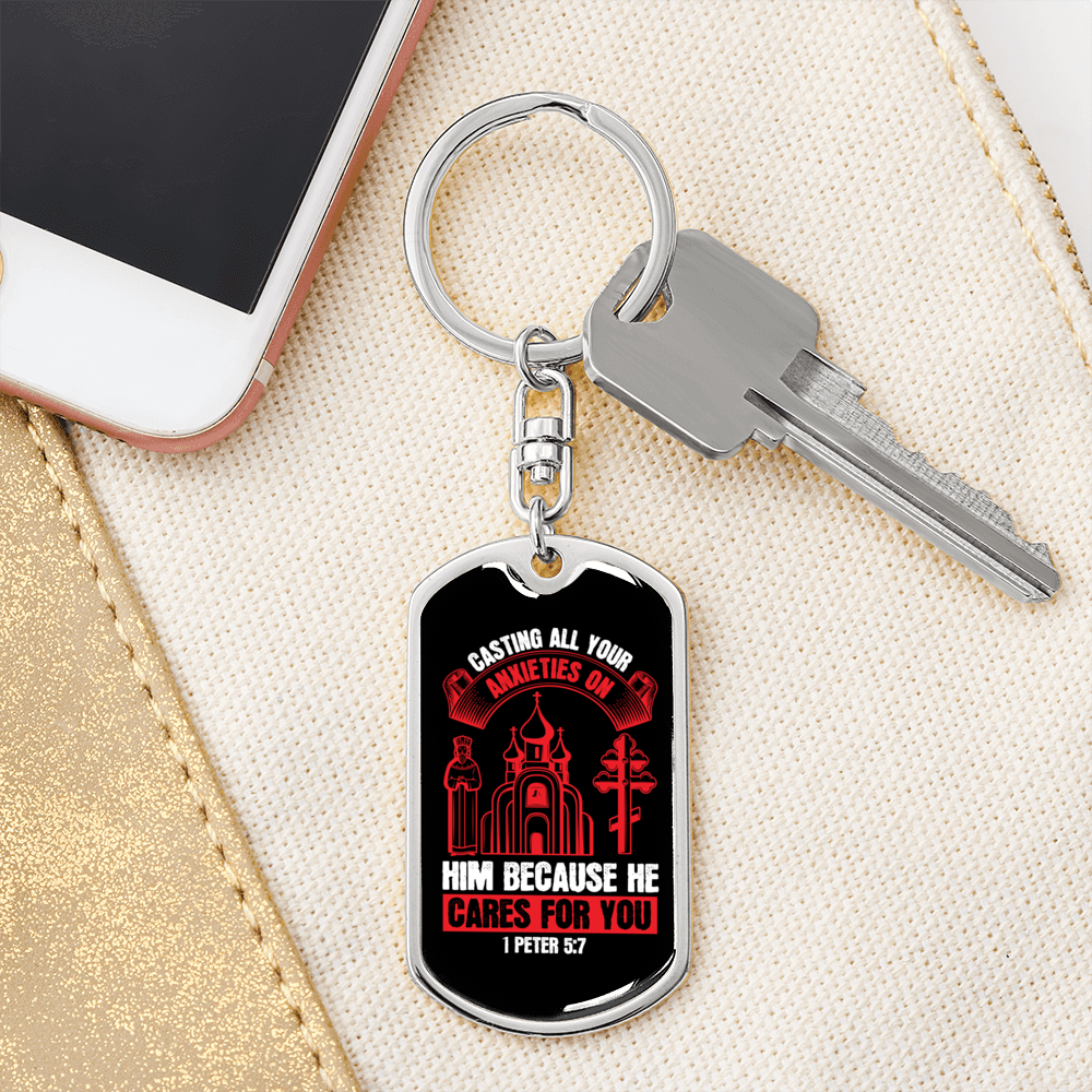 He Cares For You Red 1 Peter 5:7 Keychain Stainless Steel or 18k Gold Dog Tag Keyring-Express Your Love Gifts