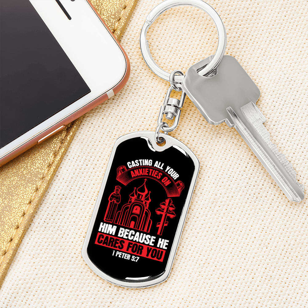 He Cares For You Red 1 Peter 5:7 Keychain Stainless Steel or 18k Gold Dog Tag Keyring-Express Your Love Gifts