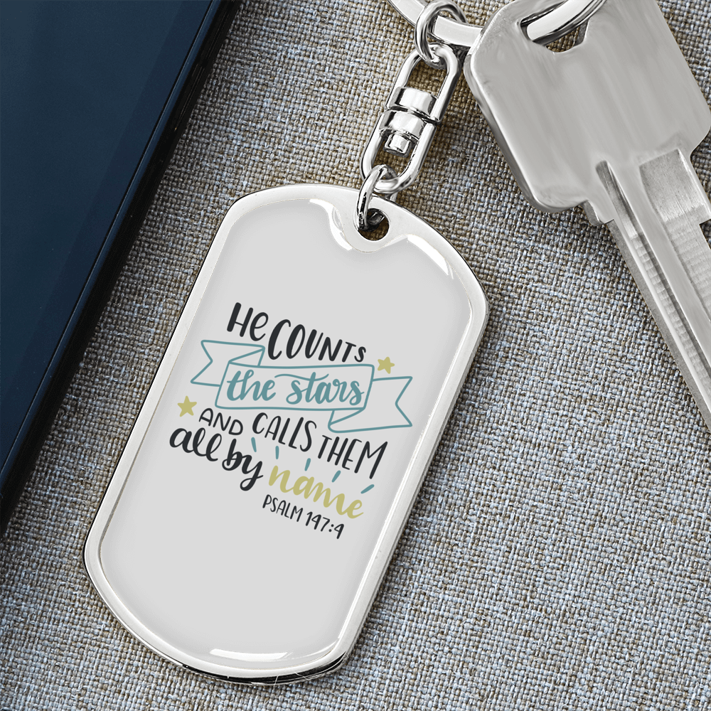 He Counts Stars Psalm 147:4 Keychain Stainless Steel or 18k Gold Dog Tag Keyring-Express Your Love Gifts