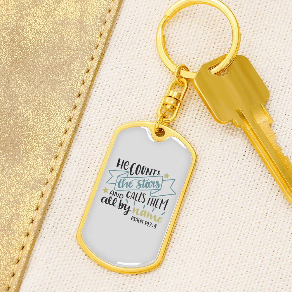 He Counts Stars Psalm 147:4 Keychain Stainless Steel or 18k Gold Dog Tag Keyring-Express Your Love Gifts