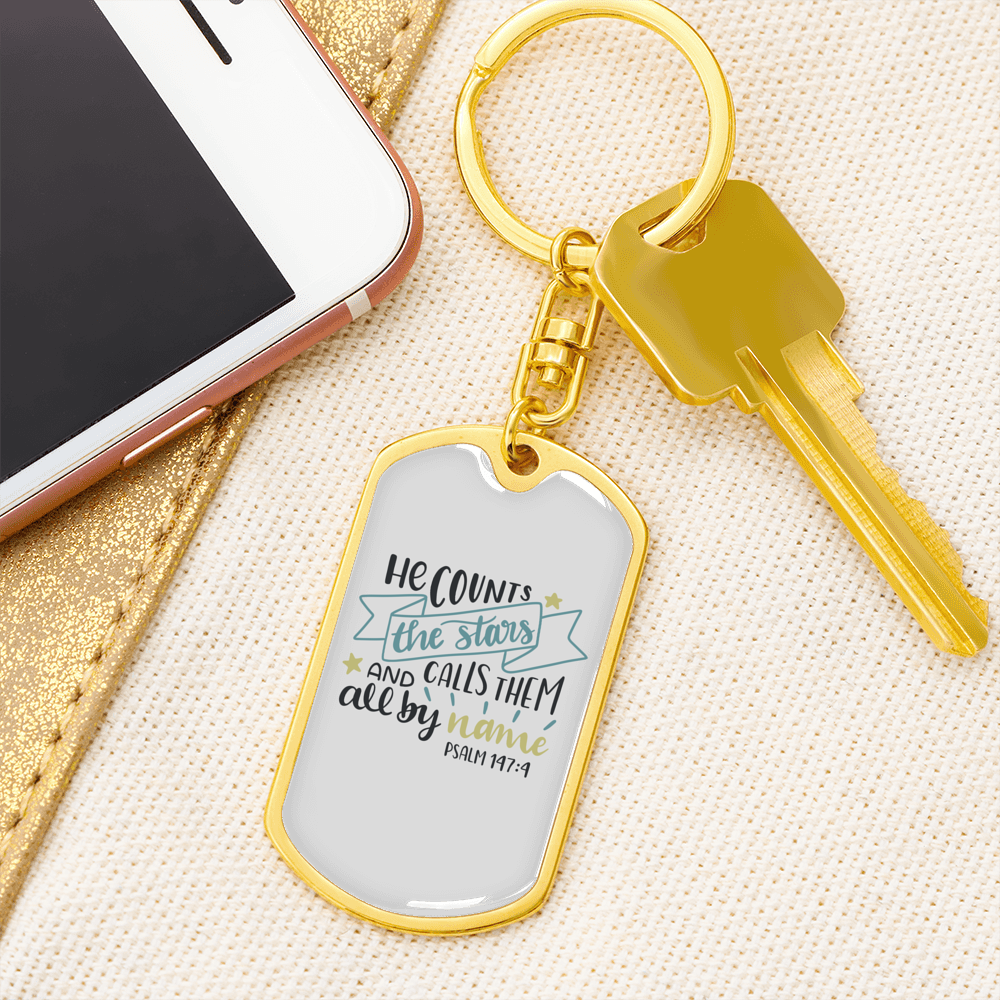 He Counts Stars Psalm 147:4 Keychain Stainless Steel or 18k Gold Dog Tag Keyring-Express Your Love Gifts