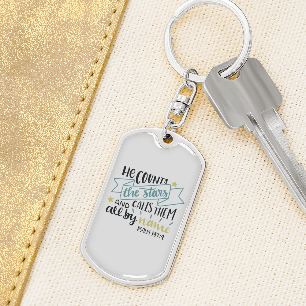 He Counts Stars Psalm 147:4 Keychain Stainless Steel or 18k Gold Dog Tag Keyring-Express Your Love Gifts