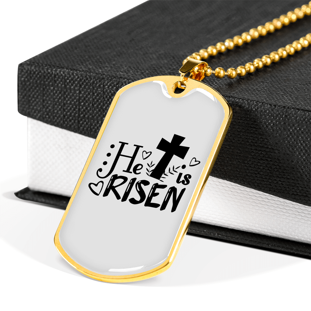 He Is Risen Necklace Stainless Steel or 18k Gold Dog Tag 24" Chain-Express Your Love Gifts