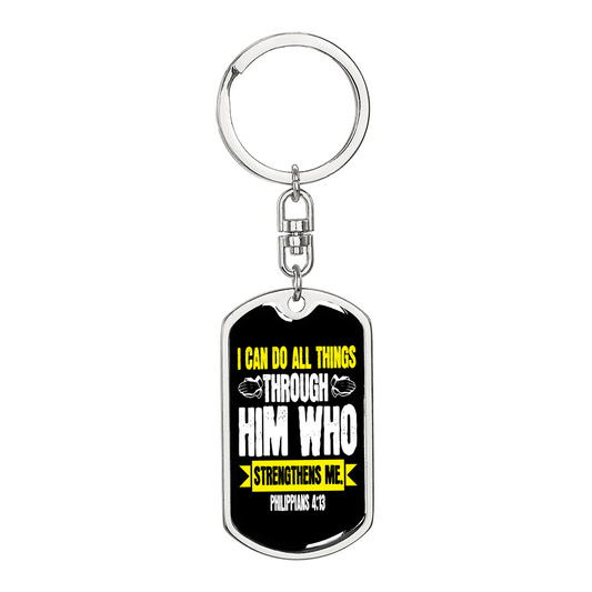 He Strengthens Me White Philippians 4:13 Keychain Stainless Steel or 18k Gold Dog Tag Keyring-Express Your Love Gifts