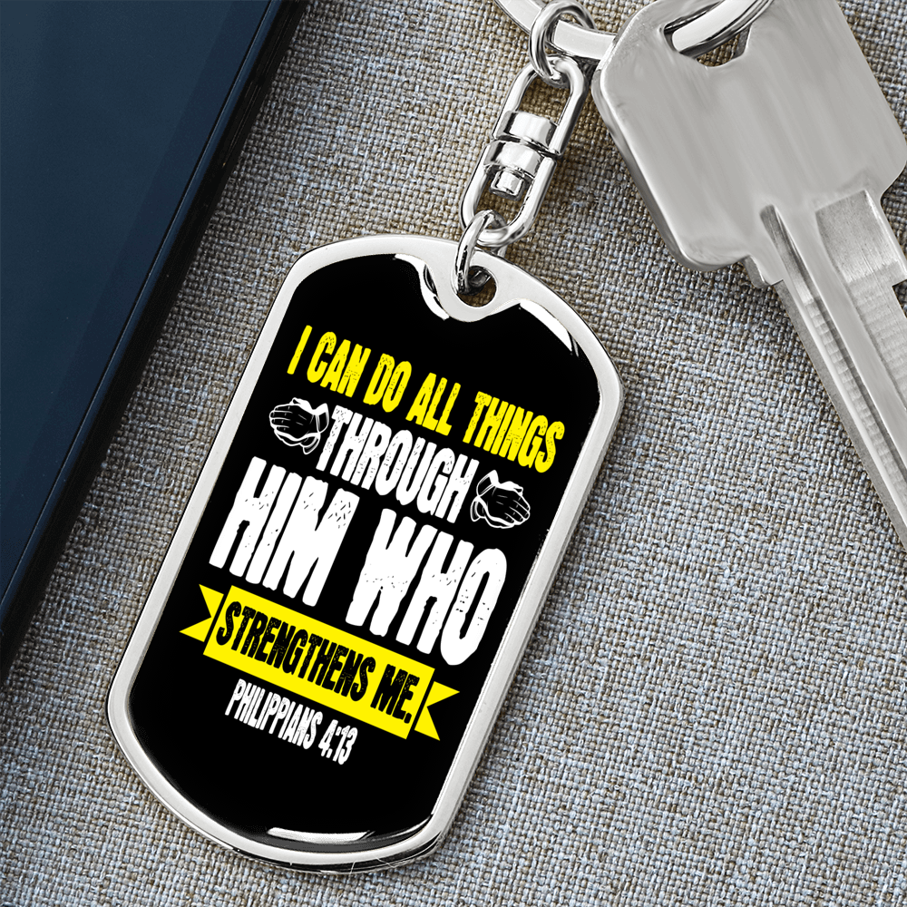 He Strengthens Me White Philippians 4:13 Keychain Stainless Steel or 18k Gold Dog Tag Keyring-Express Your Love Gifts