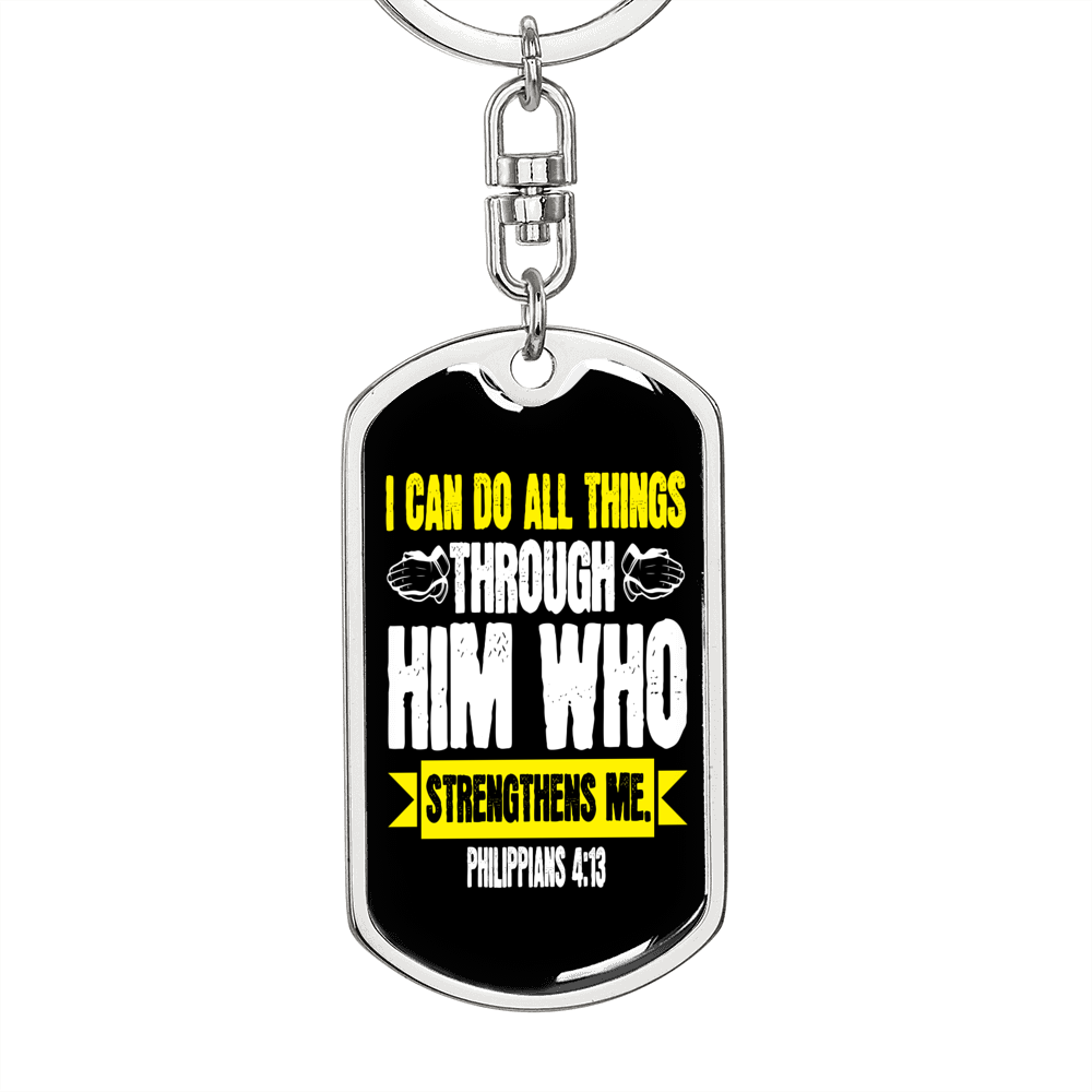 He Strengthens Me White Philippians 4:13 Keychain Stainless Steel or 18k Gold Dog Tag Keyring-Express Your Love Gifts