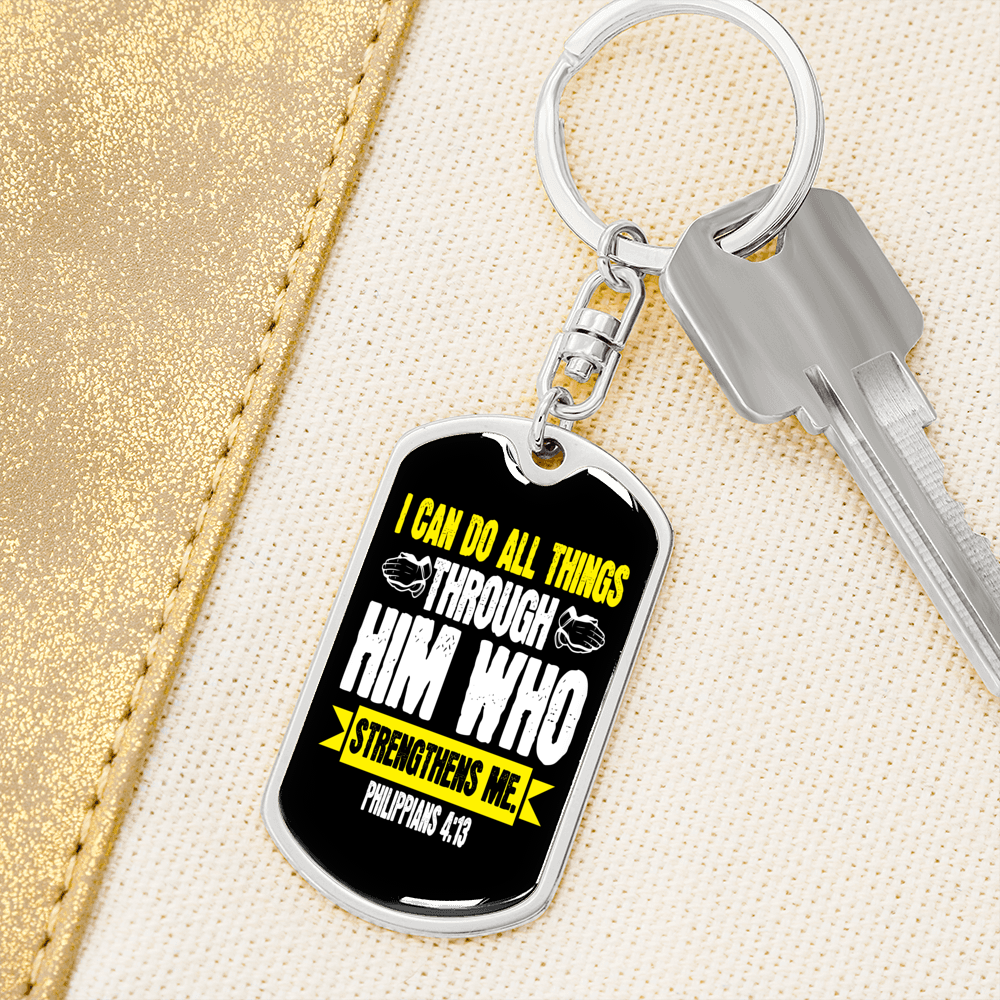He Strengthens Me White Philippians 4:13 Keychain Stainless Steel or 18k Gold Dog Tag Keyring-Express Your Love Gifts