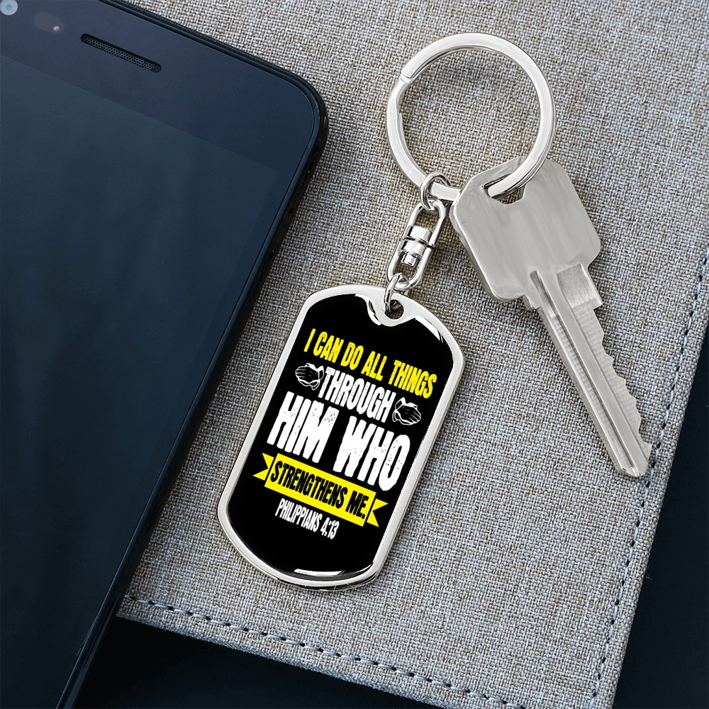 He Strengthens Me White Philippians 4:13 Keychain Stainless Steel or 18k Gold Dog Tag Keyring-Express Your Love Gifts