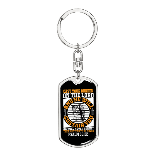 He Will Sustain Psalm 55:22 Keychain Stainless Steel or 18k Gold Dog Tag Keyring-Express Your Love Gifts