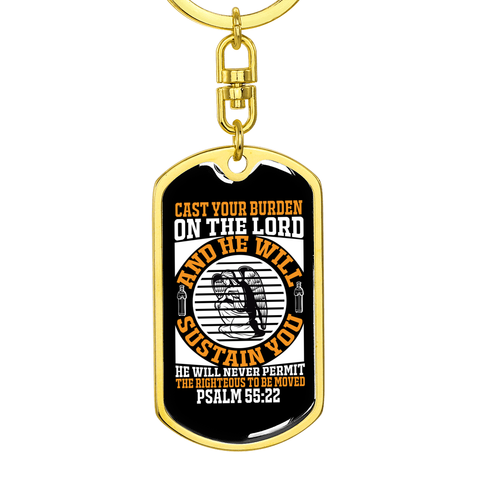 He Will Sustain Psalm 55:22 Keychain Stainless Steel or 18k Gold Dog Tag Keyring-Express Your Love Gifts