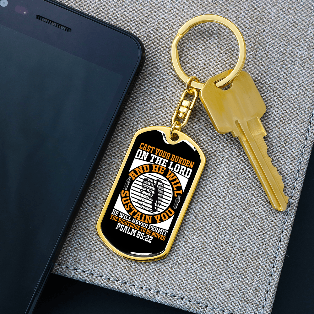 He Will Sustain Psalm 55:22 Keychain Stainless Steel or 18k Gold Dog Tag Keyring-Express Your Love Gifts