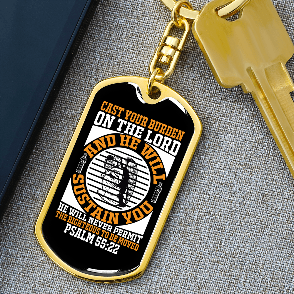 He Will Sustain Psalm 55:22 Keychain Stainless Steel or 18k Gold Dog Tag Keyring-Express Your Love Gifts
