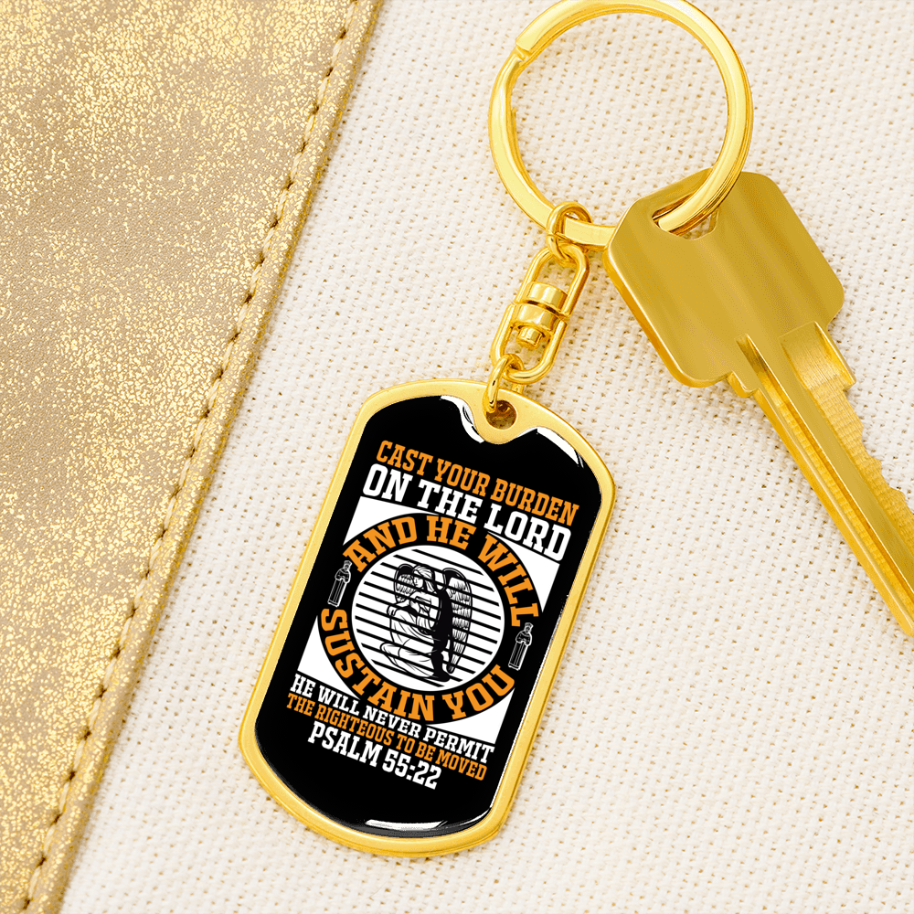 He Will Sustain Psalm 55:22 Keychain Stainless Steel or 18k Gold Dog Tag Keyring-Express Your Love Gifts