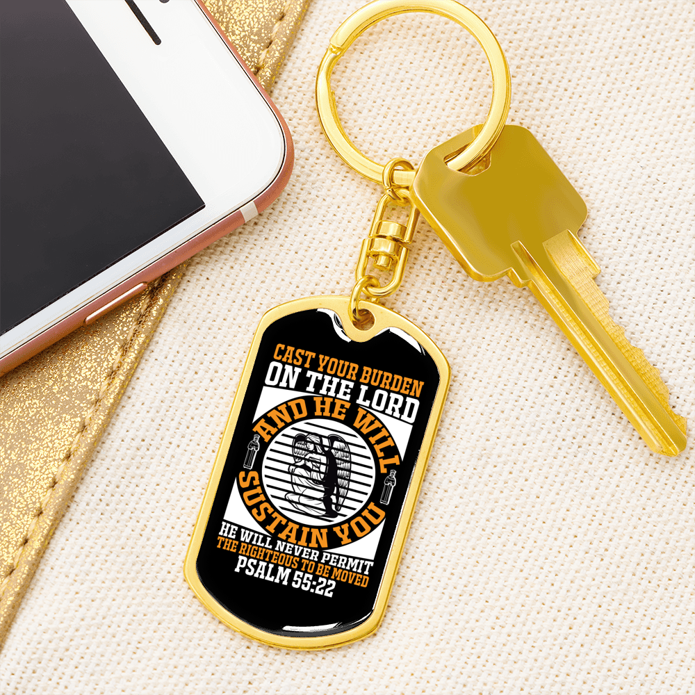 He Will Sustain Psalm 55:22 Keychain Stainless Steel or 18k Gold Dog Tag Keyring-Express Your Love Gifts