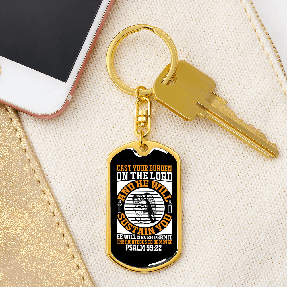 He Will Sustain Psalm 55:22 Keychain Stainless Steel or 18k Gold Dog Tag Keyring-Express Your Love Gifts