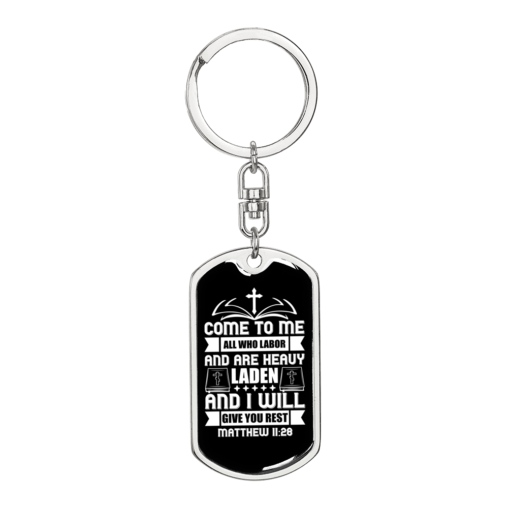 Heavy Laden Matthew 11:28 Keychain Stainless Steel or 18k Gold Dog Tag Keyring-Express Your Love Gifts