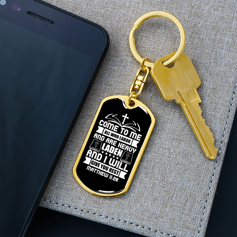 Heavy Laden Matthew 11:28 Keychain Stainless Steel or 18k Gold Dog Tag Keyring-Express Your Love Gifts