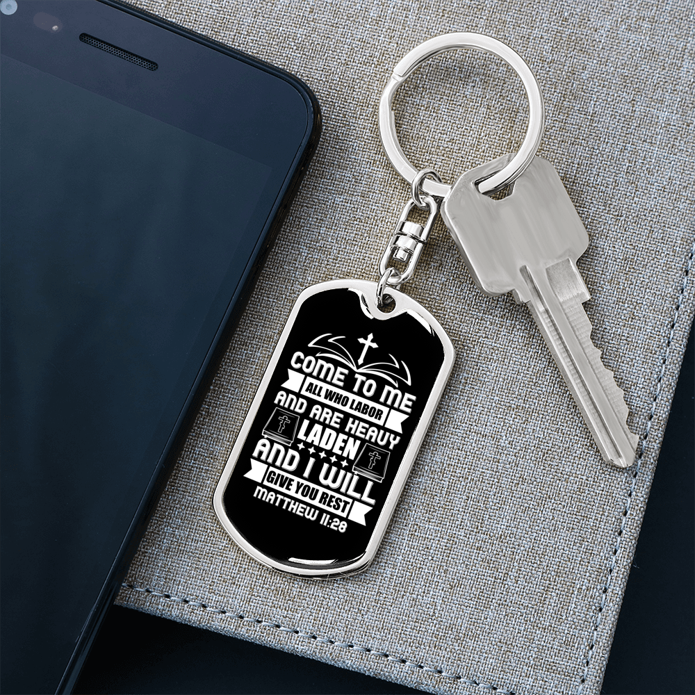 Heavy Laden Matthew 11:28 Keychain Stainless Steel or 18k Gold Dog Tag Keyring-Express Your Love Gifts