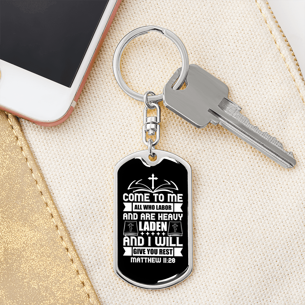 Heavy Laden Matthew 11:28 Keychain Stainless Steel or 18k Gold Dog Tag Keyring-Express Your Love Gifts