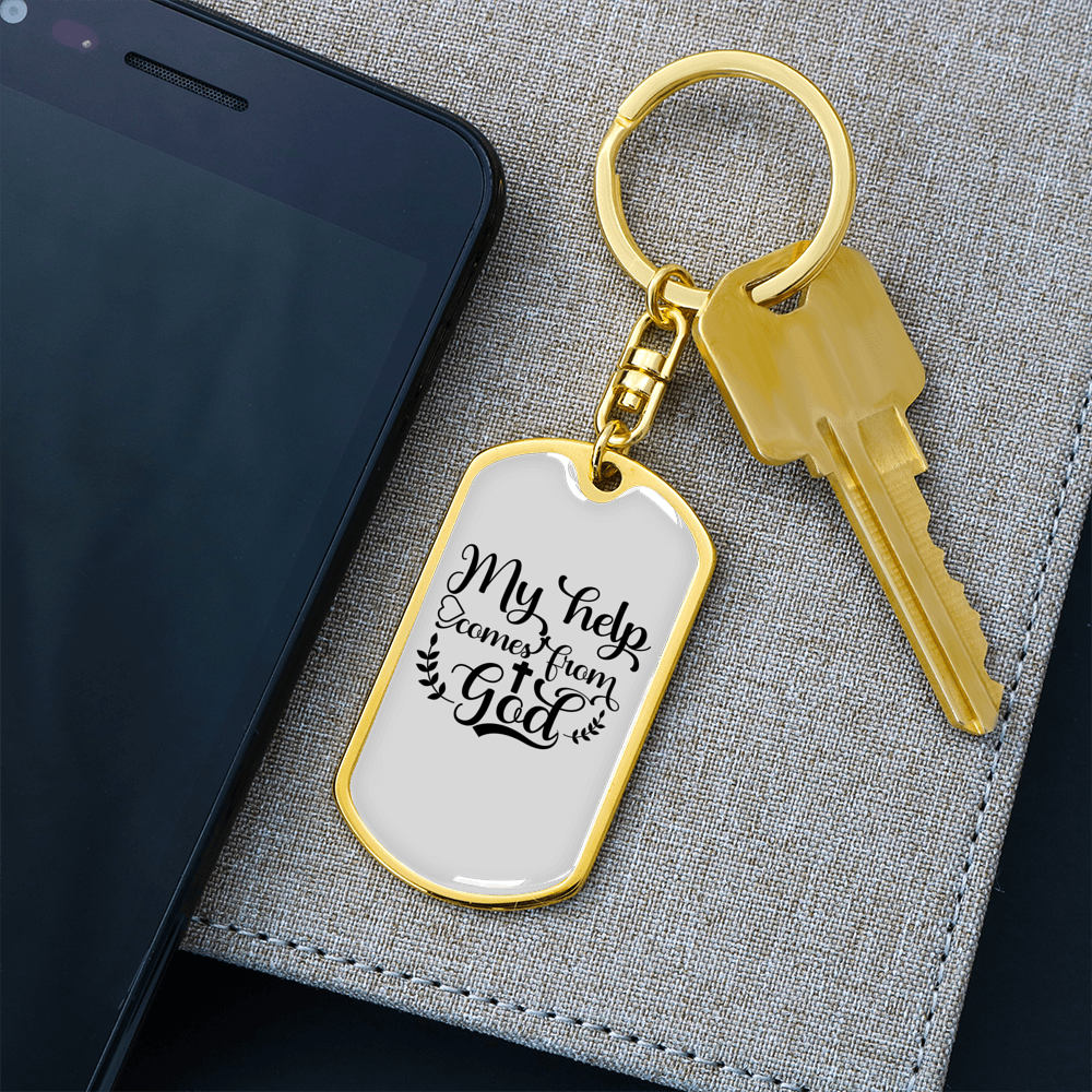 Help Comes From God Keychain Stainless Steel or 18k Gold Dog Tag Keyring-Express Your Love Gifts