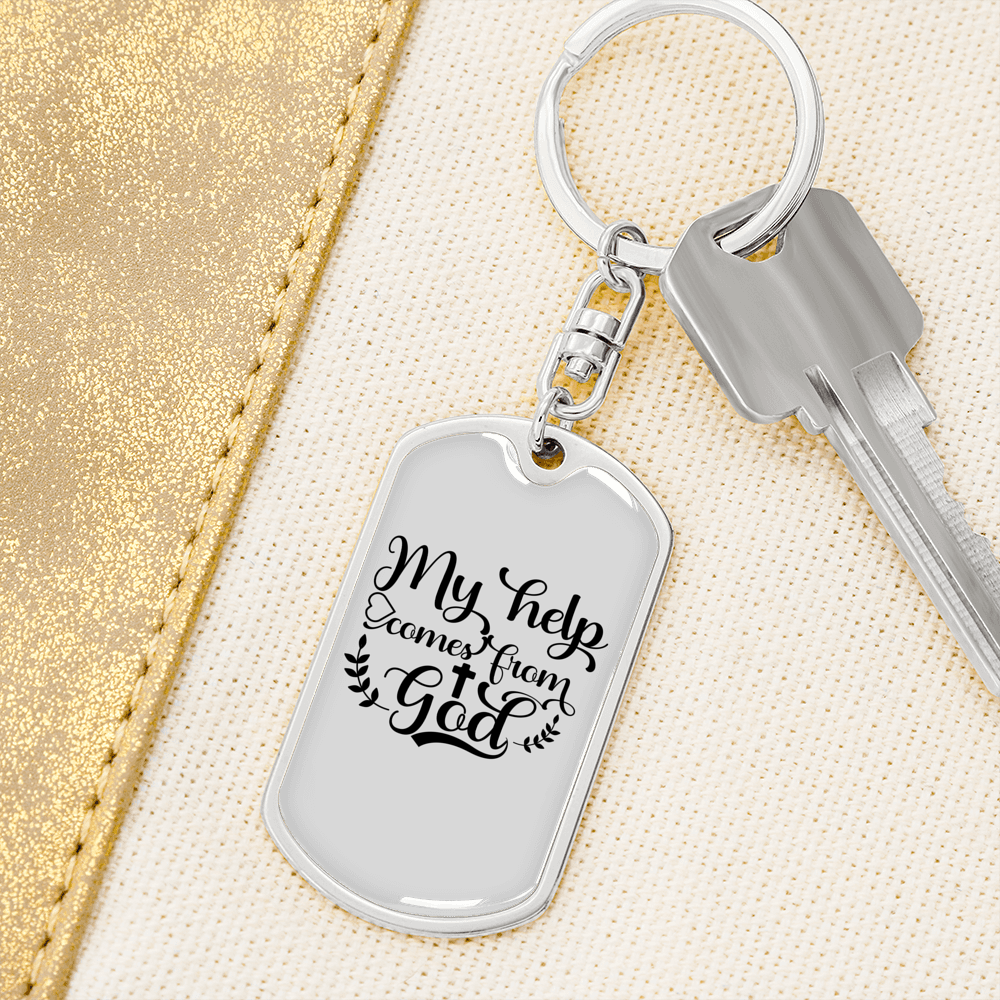 Help Comes From God Keychain Stainless Steel or 18k Gold Dog Tag Keyring-Express Your Love Gifts