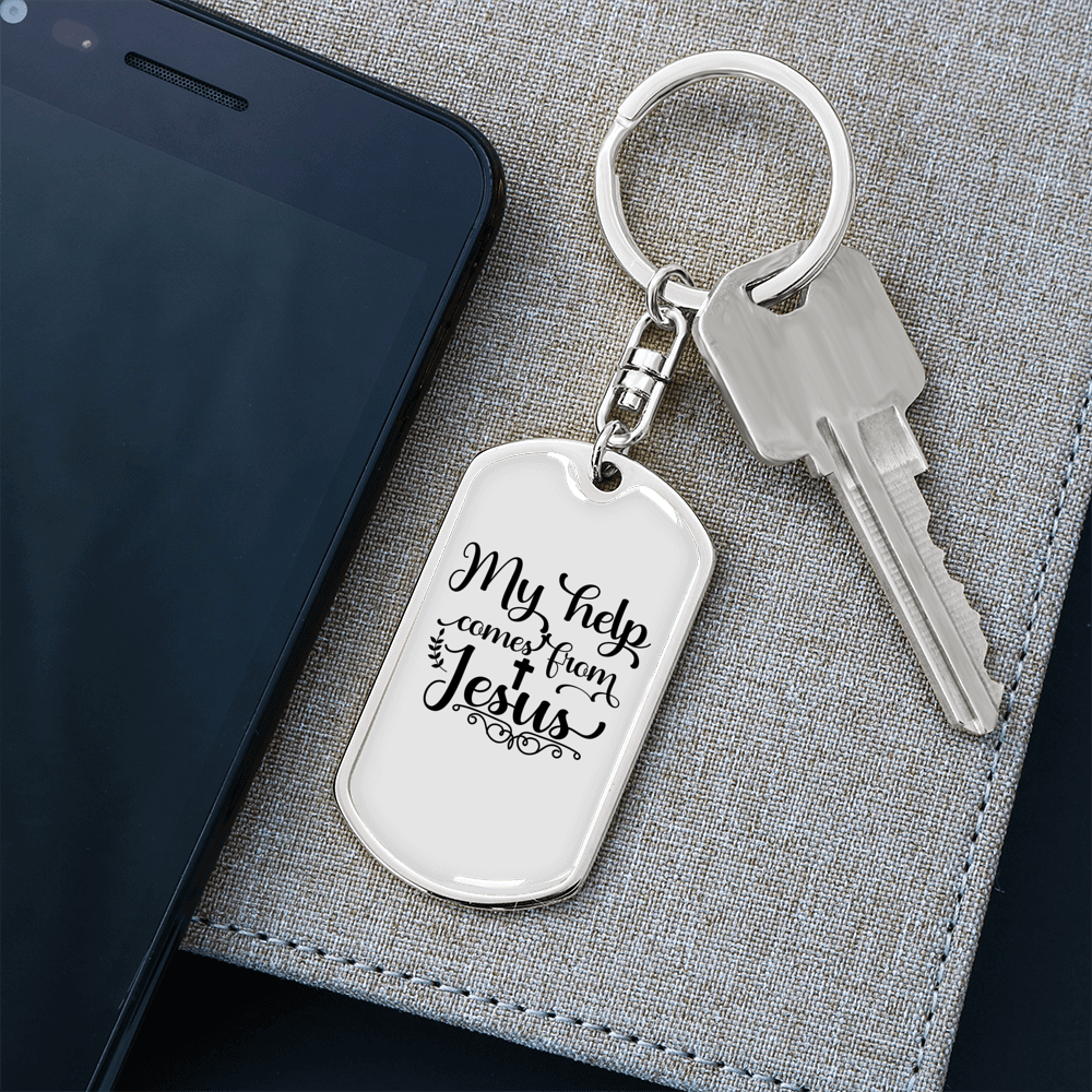 Help Comes From Jesus Keychain Stainless Steel or 18k Gold Dog Tag Keyring-Express Your Love Gifts